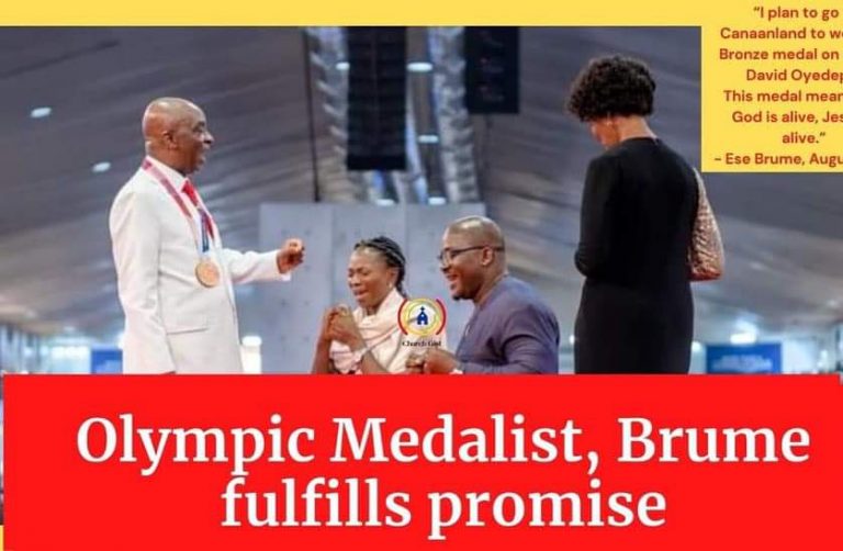 BISHOP DAVID OYEDEPO RELEASES PROPHETIC BLESSINGS ON OLYMPIC MEDALIST, ESE BRUME AND HER COACH AS SHE HONOURS HIM WITH HER MEDAL.